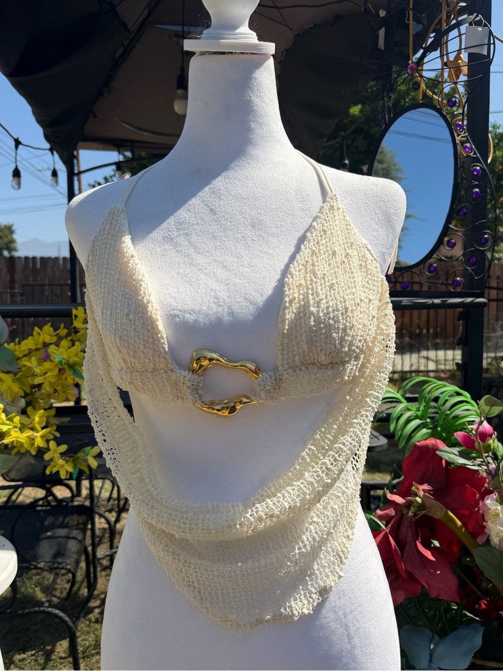 Othr Cream Knit Draped Bikini Top with Gold Accent
